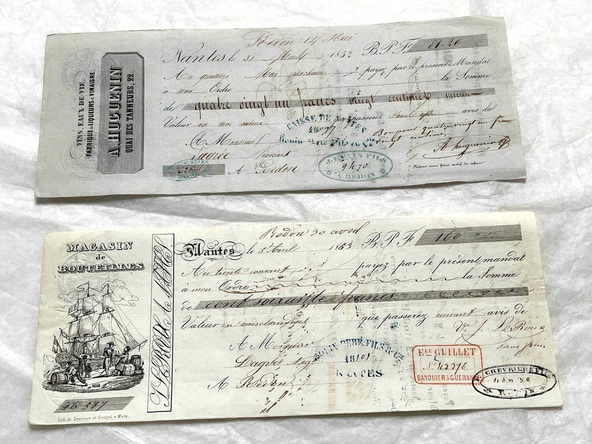 Set of 6 Mid 19th Century French exchange letters with handwritten text, historic stamps, and vintage business names includin