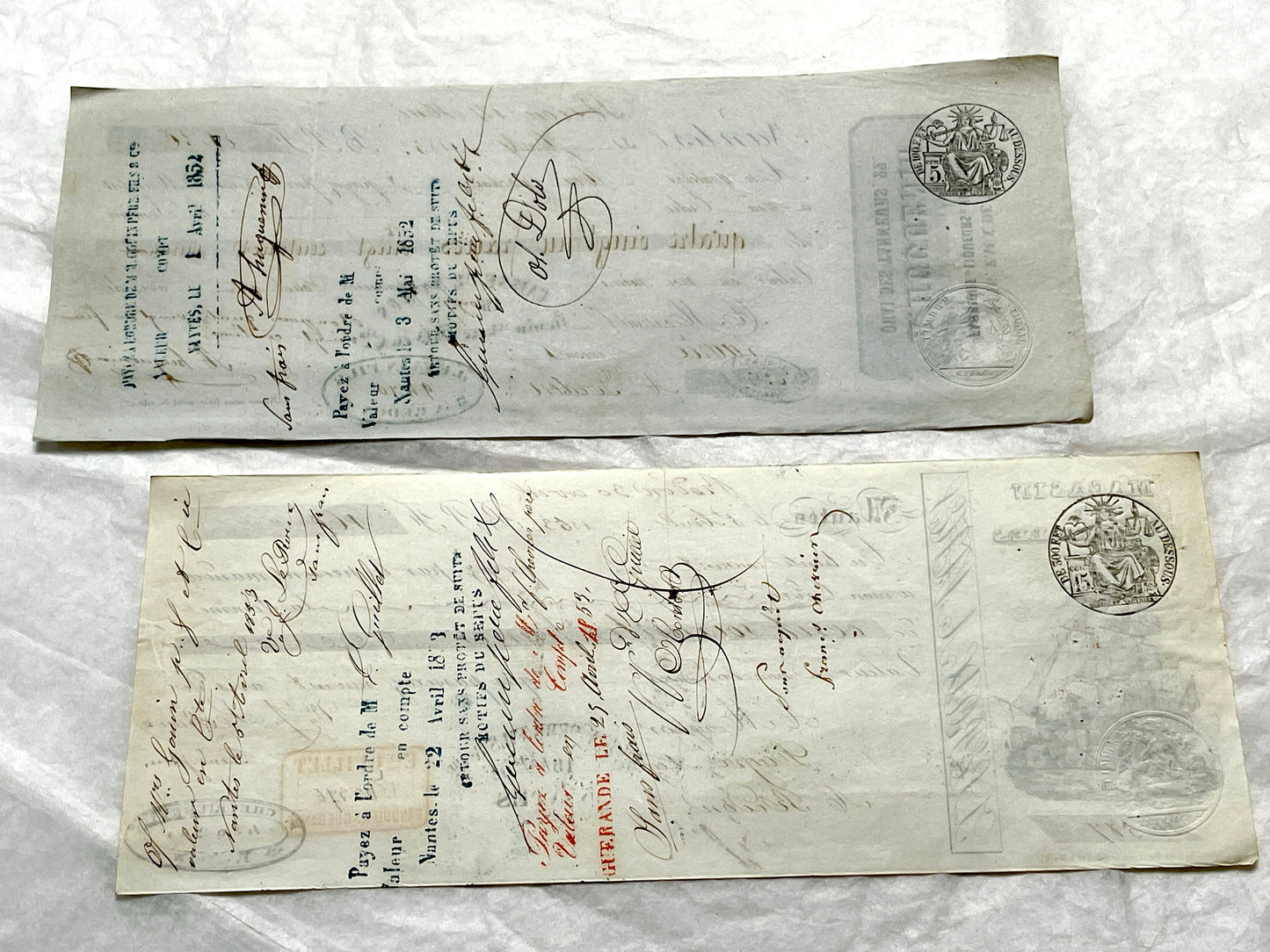 Set of 6 Mid 19th Century French exchange letters with handwritten text, historic stamps, and vintage business names includin