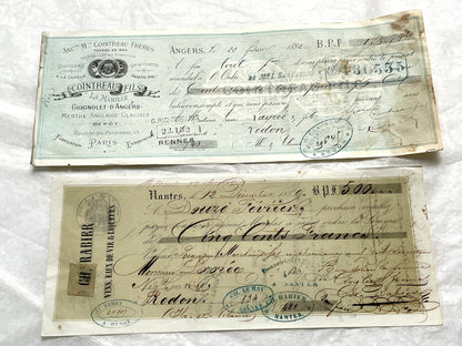 Set of 6 Mid 19th Century French exchange letters with handwritten text, historic stamps, and vintage business names includin