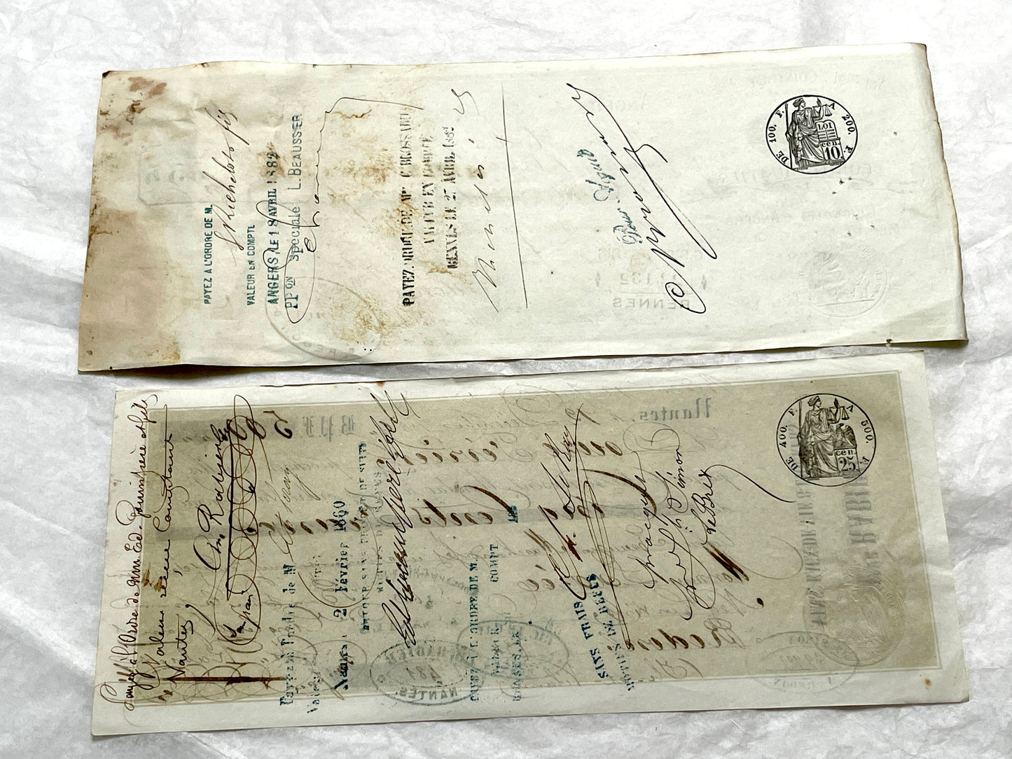 Set of 6 Mid 19th Century French exchange letters with handwritten text, historic stamps, and vintage business names includin