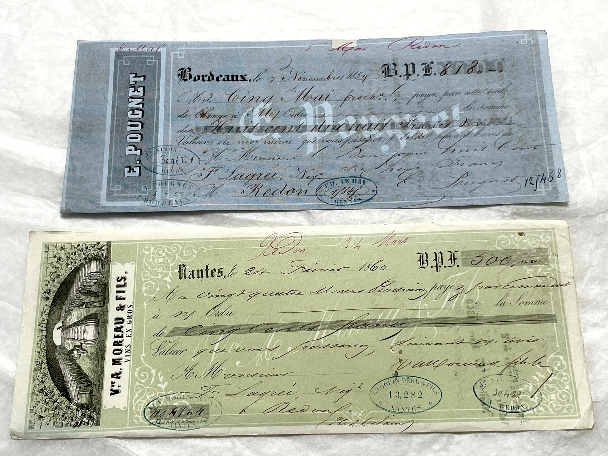 Set of 6 Mid 19th Century French exchange letters with handwritten text, historic stamps, and vintage business names includin