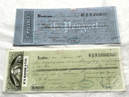 Set of 6 Mid 19th Century French exchange letters with handwritten text, historic stamps, and vintage business names includin