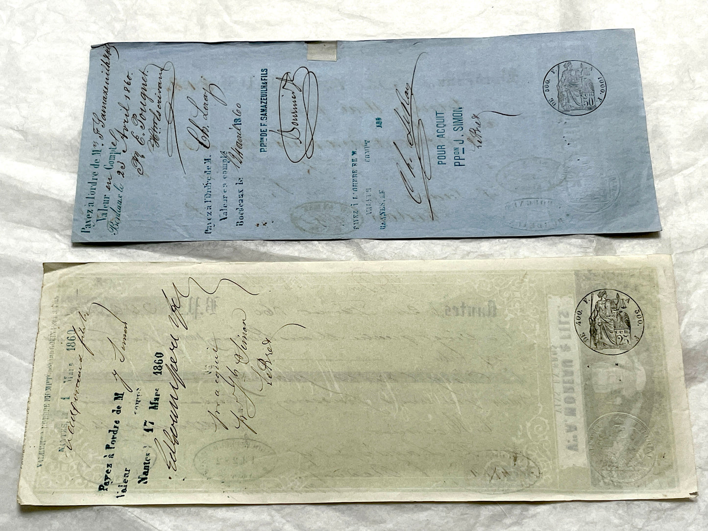Set of 6 Mid 19th Century French exchange letters with handwritten text, historic stamps, and vintage business names includin