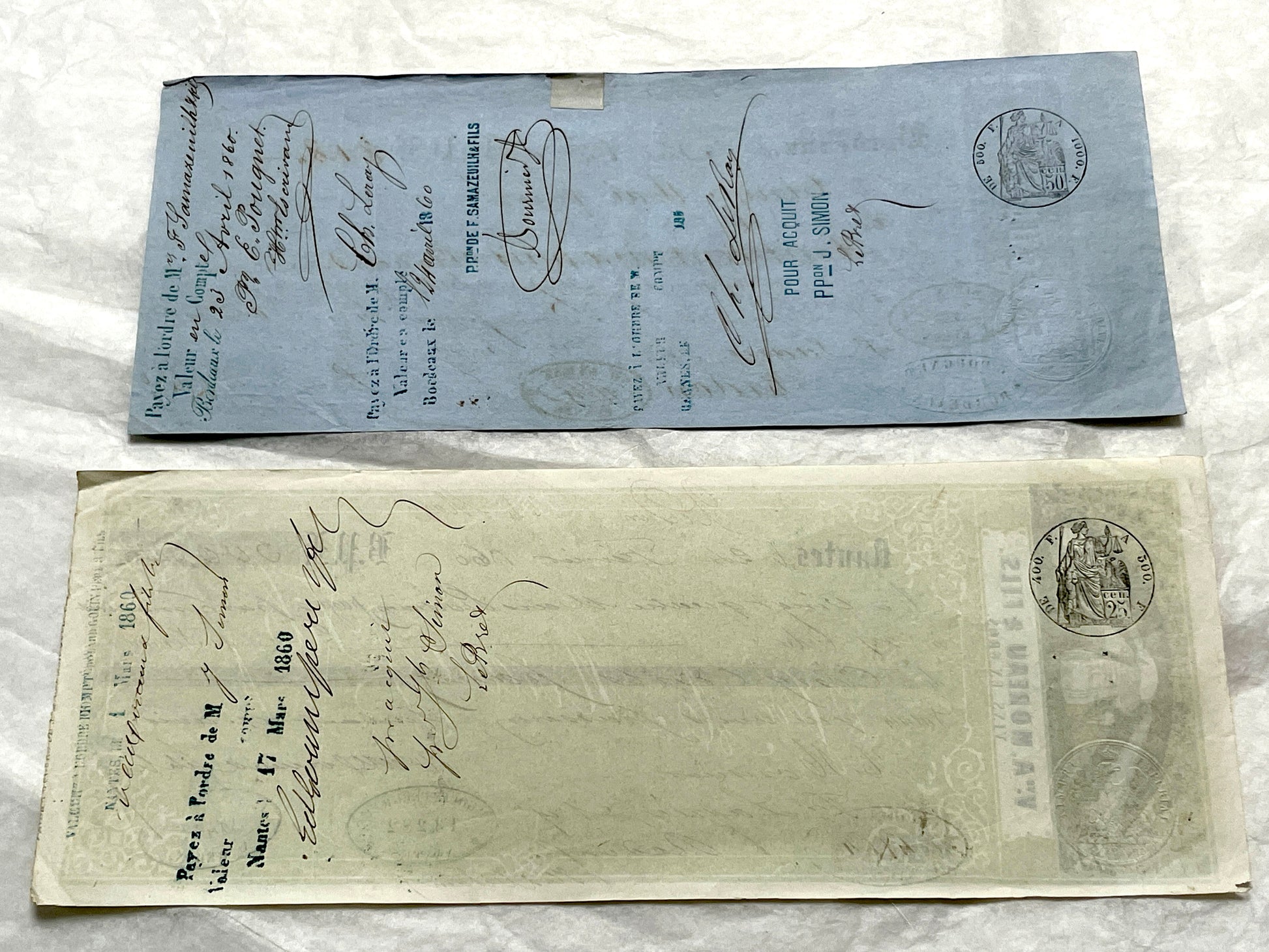 Set of 6 Mid 19th Century French exchange letters with handwritten text, historic stamps, and vintage business names includin