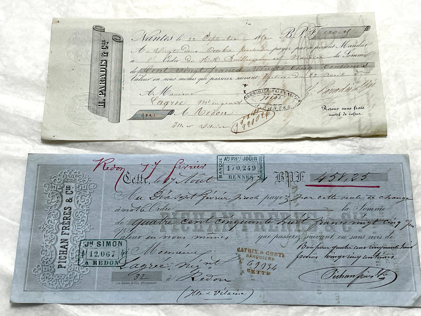 Late 19th Century French exchange letters set - vintage financial documents with old handwriting and stamps.