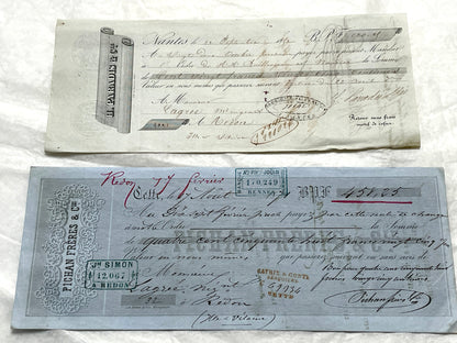 Late 19th Century French exchange letters set - vintage financial documents with old handwriting and stamps.
