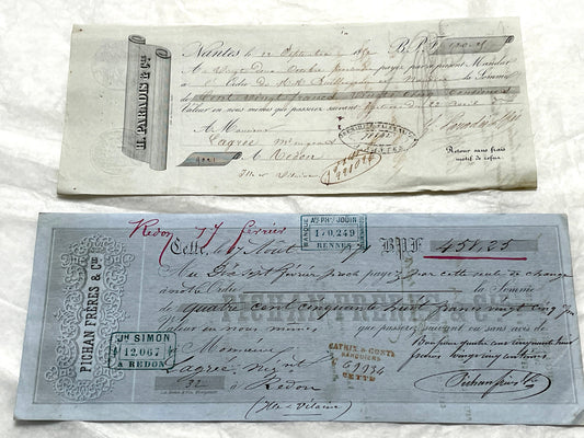 Late 19th Century French exchange letters set - vintage financial documents with old handwriting and stamps.