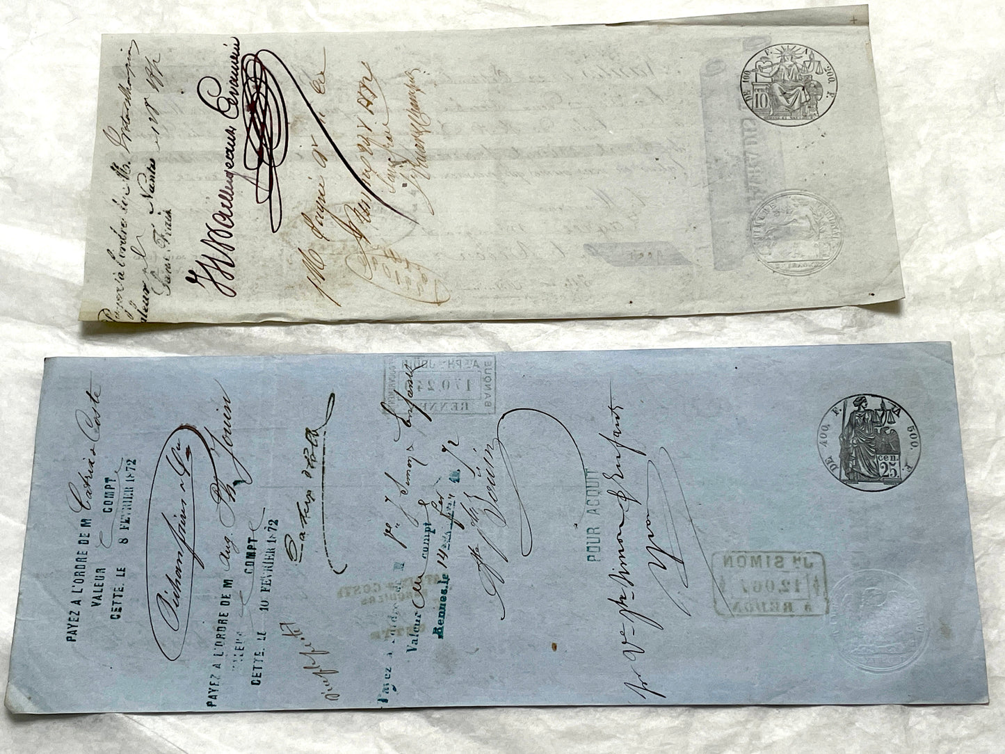 Late 19th Century French exchange letters set - vintage financial documents with old handwriting and stamps.