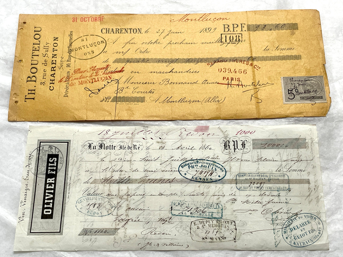 Late 19th Century French exchange letters set - vintage financial documents with old handwriting and stamps.