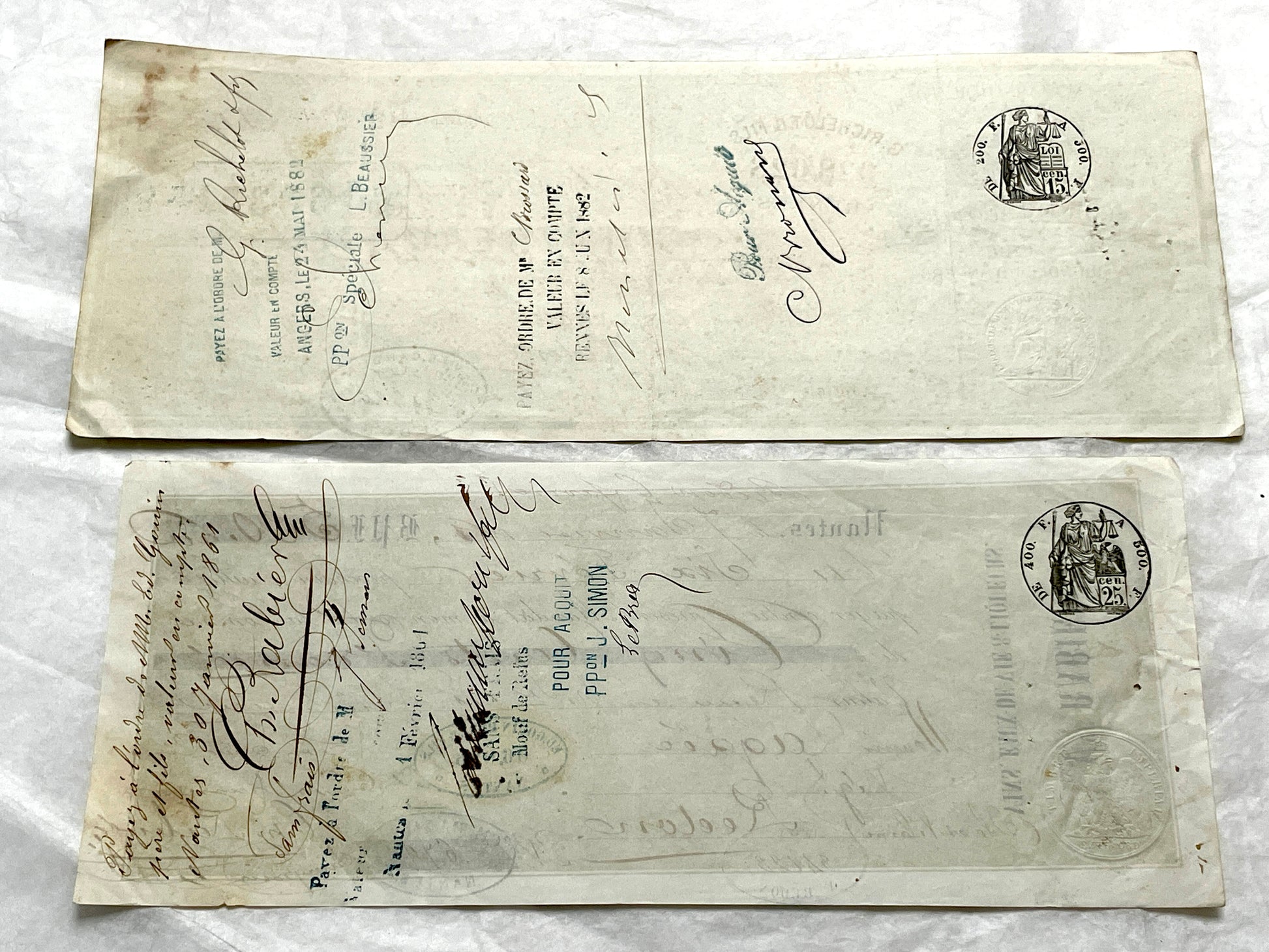 Late 19th Century French exchange letters set - vintage financial documents with old handwriting and stamps.