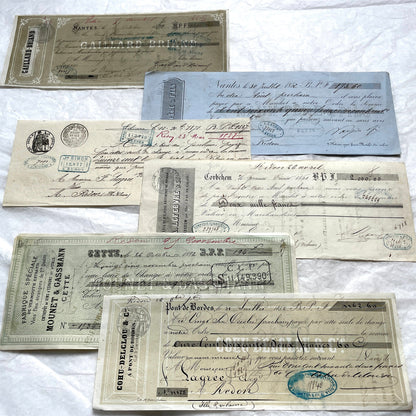 Set of 6 19th Century French Bills of Exchange letters with handwritten details and mercantile stamps on aged paper.