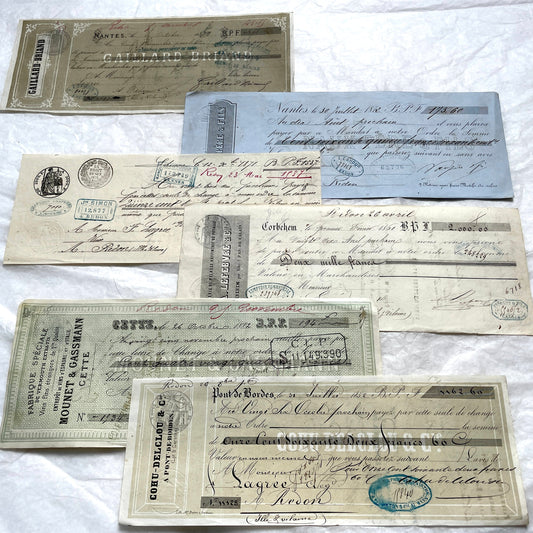 Set of 6 19th Century French Bills of Exchange letters with handwritten details and mercantile stamps on aged paper.