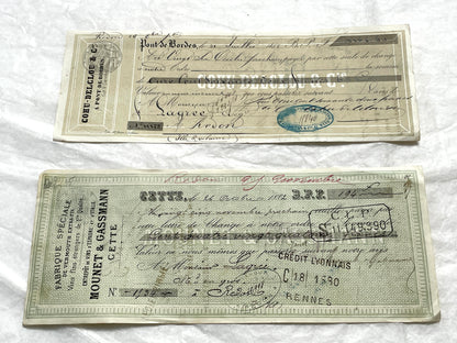 Set of 6 19th Century French Bills of Exchange letters with handwritten details and mercantile stamps on aged paper.