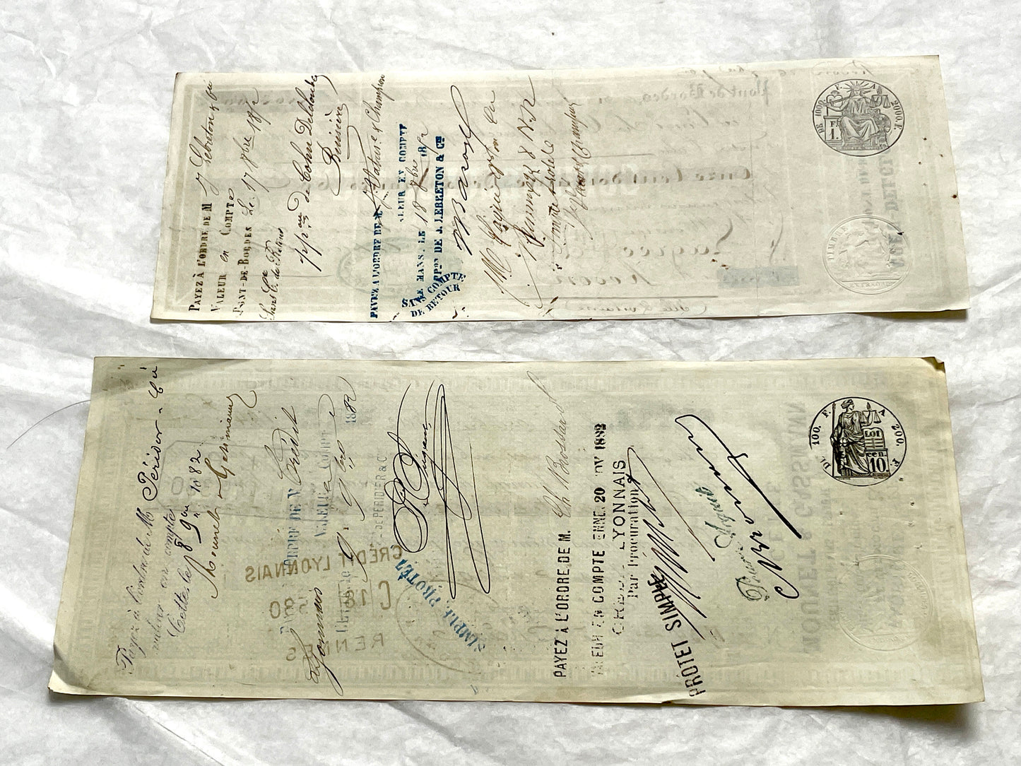 Set of 6 19th Century French Bills of Exchange letters with handwritten details and mercantile stamps on aged paper.