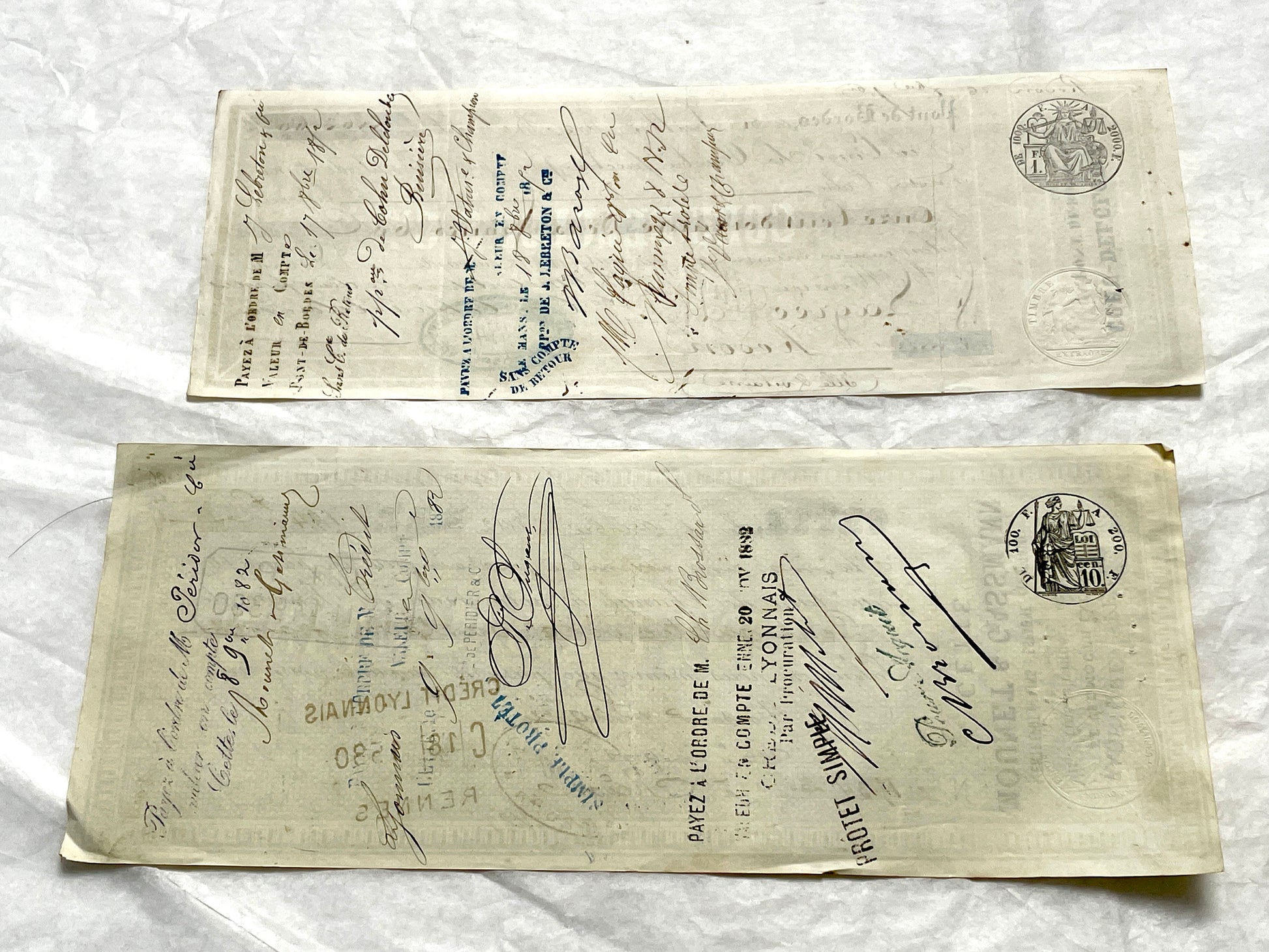 Set of 6 19th Century French Bills of Exchange letters with handwritten details and mercantile stamps on aged paper.