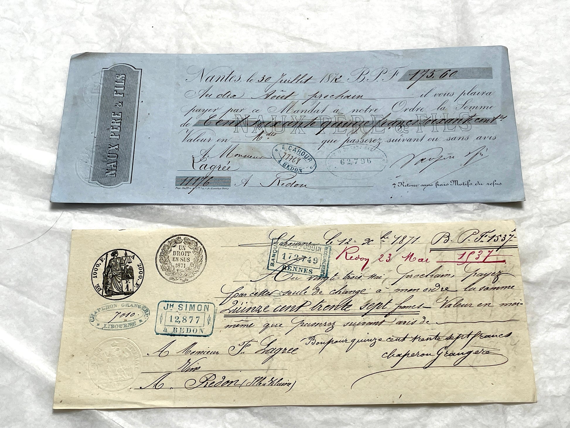 Set of 6 19th Century French Bills of Exchange letters with handwritten details and mercantile stamps on aged paper.