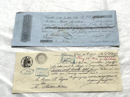 Set of 6 19th Century French Bills of Exchange letters with handwritten details and mercantile stamps on aged paper.