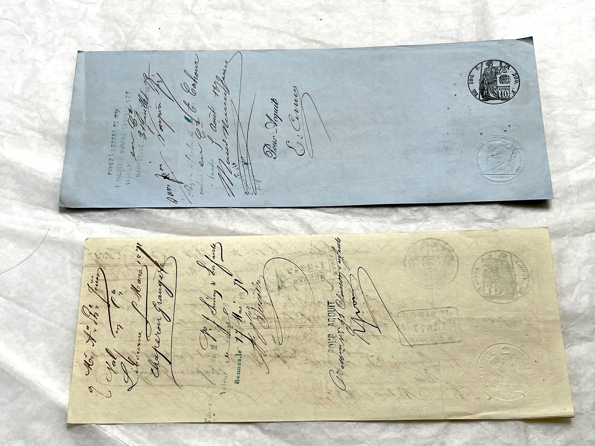 Set of 6 19th Century French Bills of Exchange letters with handwritten details and mercantile stamps on aged paper.