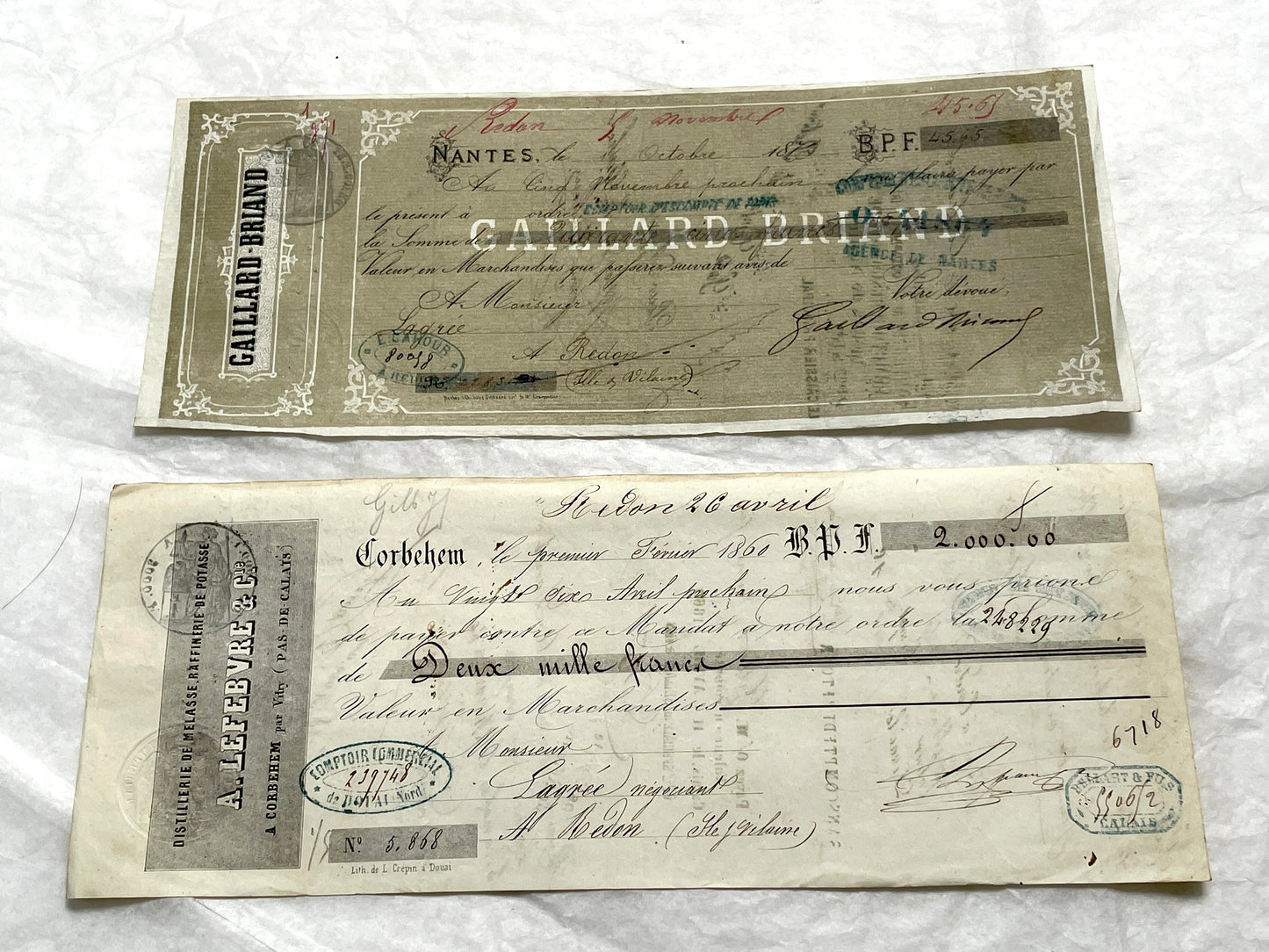 Set of 6 19th Century French Bills of Exchange letters with handwritten details and mercantile stamps on aged paper.