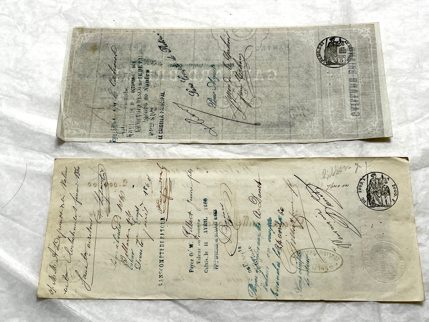 Set of 6 19th Century French Bills of Exchange letters with handwritten details and mercantile stamps on aged paper.
