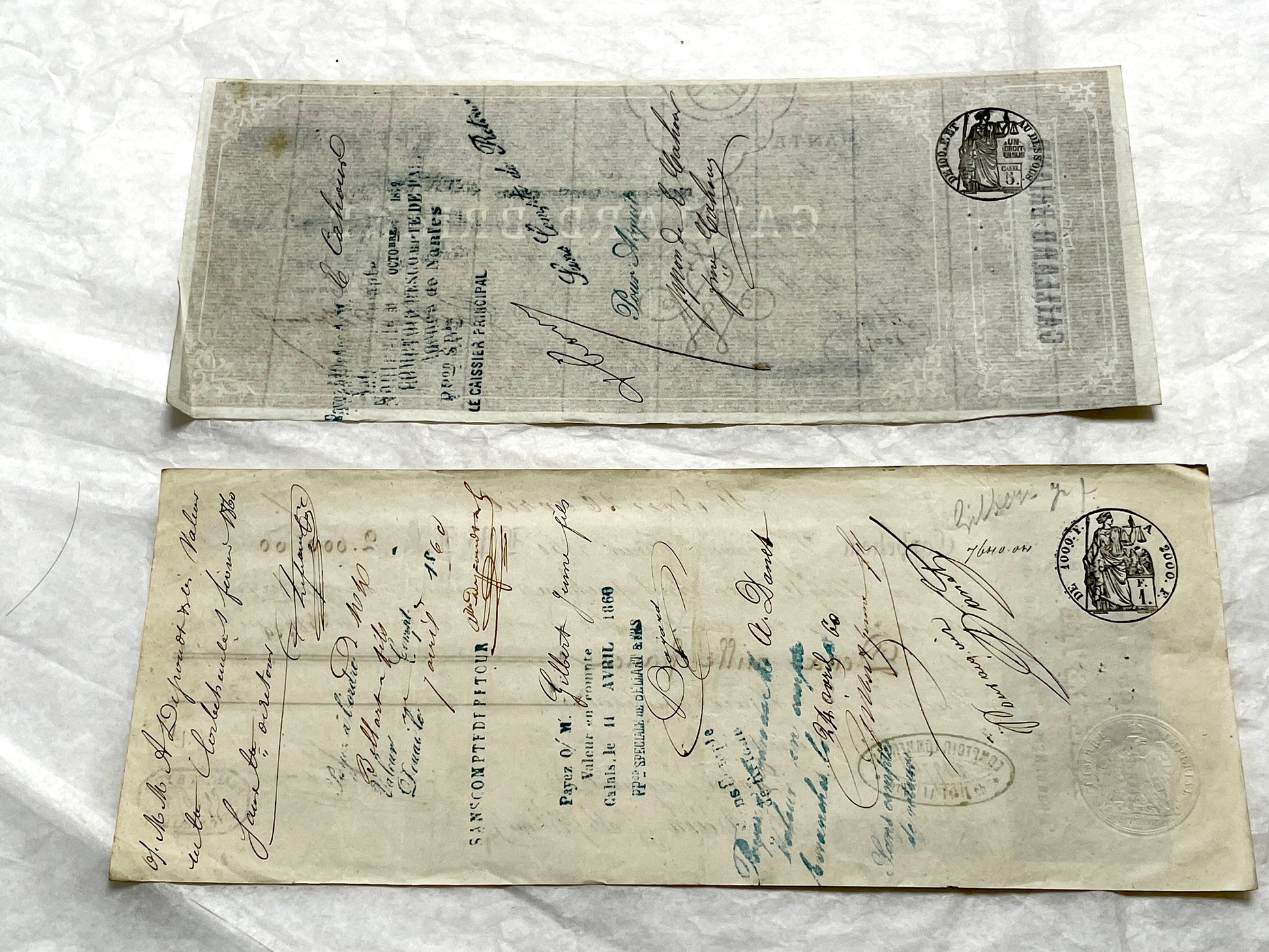 Set of 6 19th Century French Bills of Exchange letters with handwritten details and mercantile stamps on aged paper.