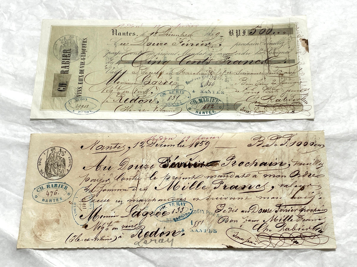 Late 19th Century French bills of exchange set, showing handwritten text, stamps, and commercial letterheads.