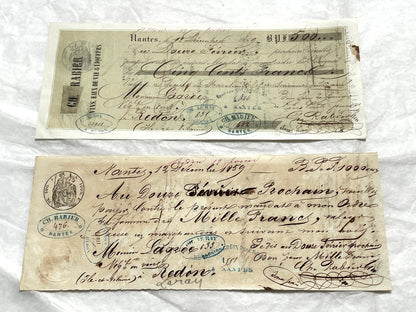 Late 19th Century French bills of exchange set, showing handwritten text, stamps, and commercial letterheads.
