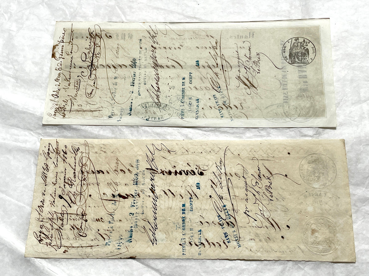 Late 19th Century French bills of exchange set, showing handwritten text, stamps, and commercial letterheads.