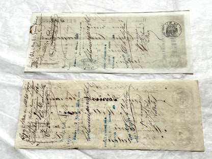 Late 19th Century French bills of exchange set, showing handwritten text, stamps, and commercial letterheads.