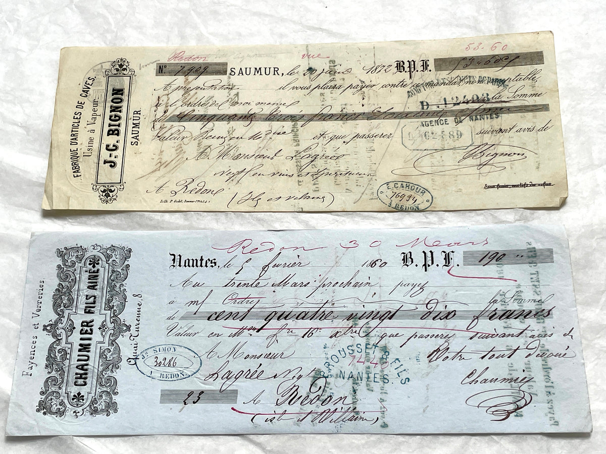 Late 19th Century French bills of exchange set, showing handwritten text, stamps, and commercial letterheads.