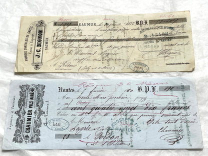 Late 19th Century French bills of exchange set, showing handwritten text, stamps, and commercial letterheads.