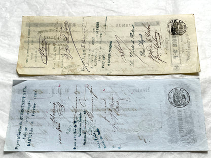 Late 19th Century French bills of exchange set, showing handwritten text, stamps, and commercial letterheads.