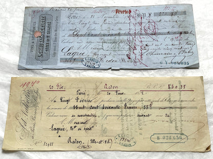 Late 19th Century French bills of exchange set, showing handwritten text, stamps, and commercial letterheads.