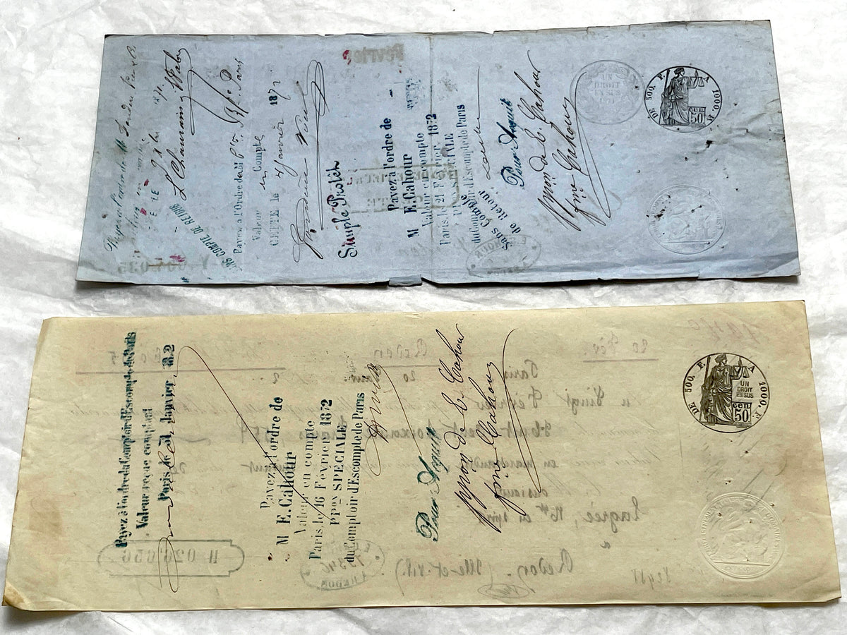 Late 19th Century French bills of exchange set, showing handwritten text, stamps, and commercial letterheads.