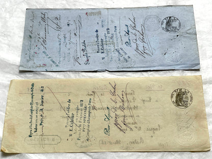 Late 19th Century French bills of exchange set, showing handwritten text, stamps, and commercial letterheads.