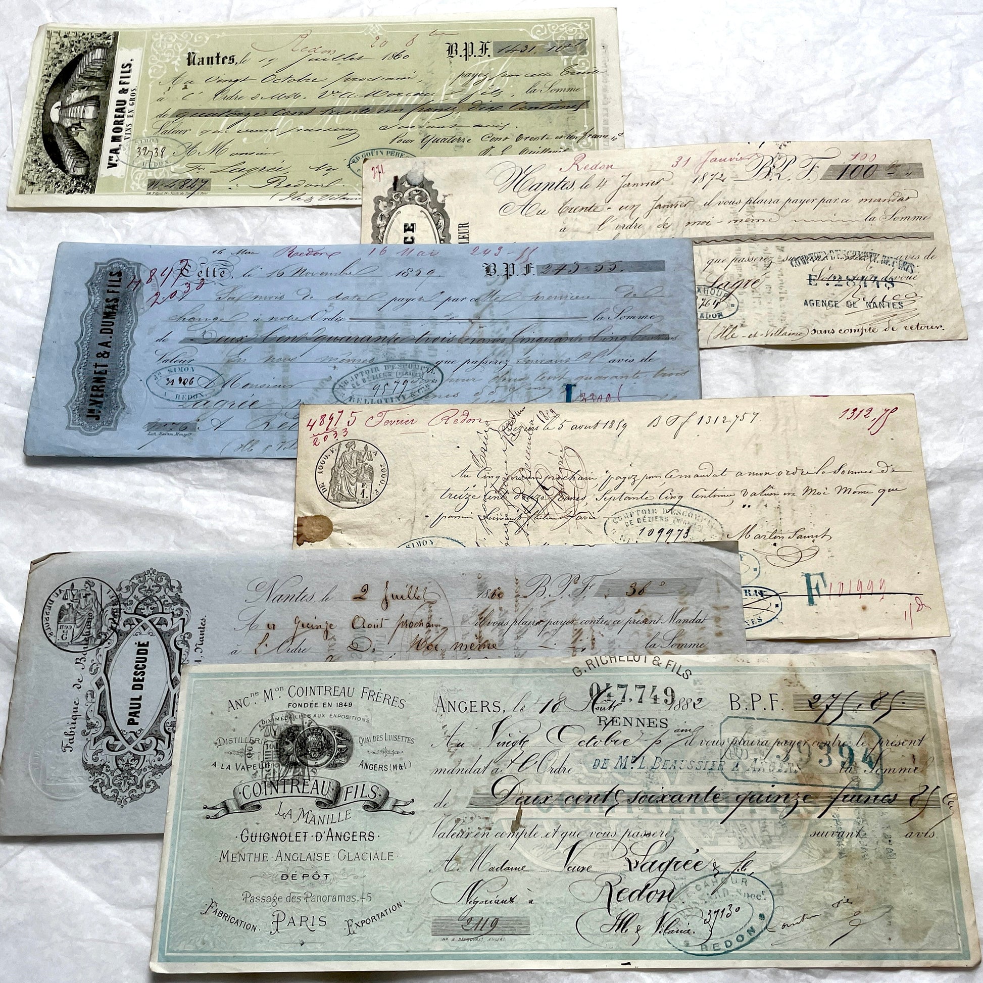 Set of 6 Mid 19th Century French exchange letters with handwritten text, stamps, and engraved merchant letterheads.