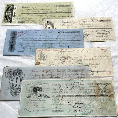 Set of 6 Mid 19th Century French exchange letters with handwritten text, stamps, and engraved merchant letterheads.