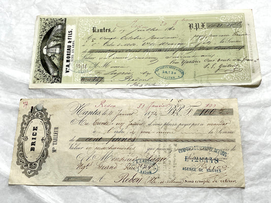 Set of 6 Mid 19th Century French exchange letters with handwritten text, stamps, and engraved merchant letterheads.