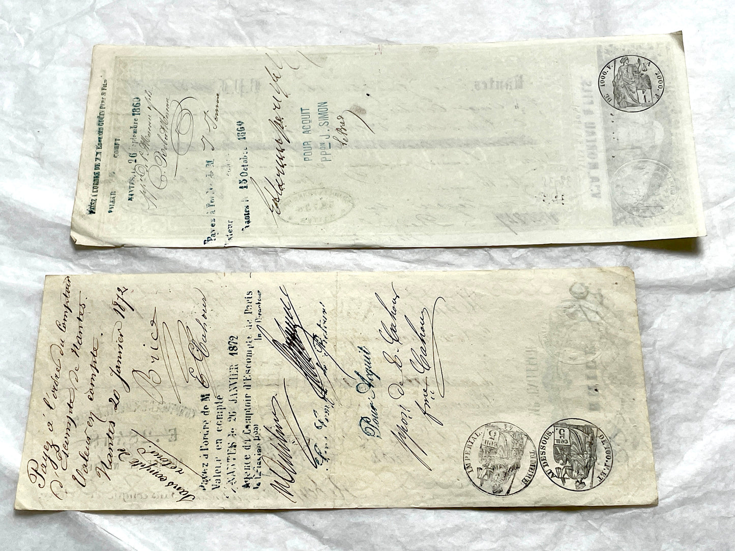 Set of 6 Mid 19th Century French exchange letters with handwritten text, stamps, and engraved merchant letterheads.