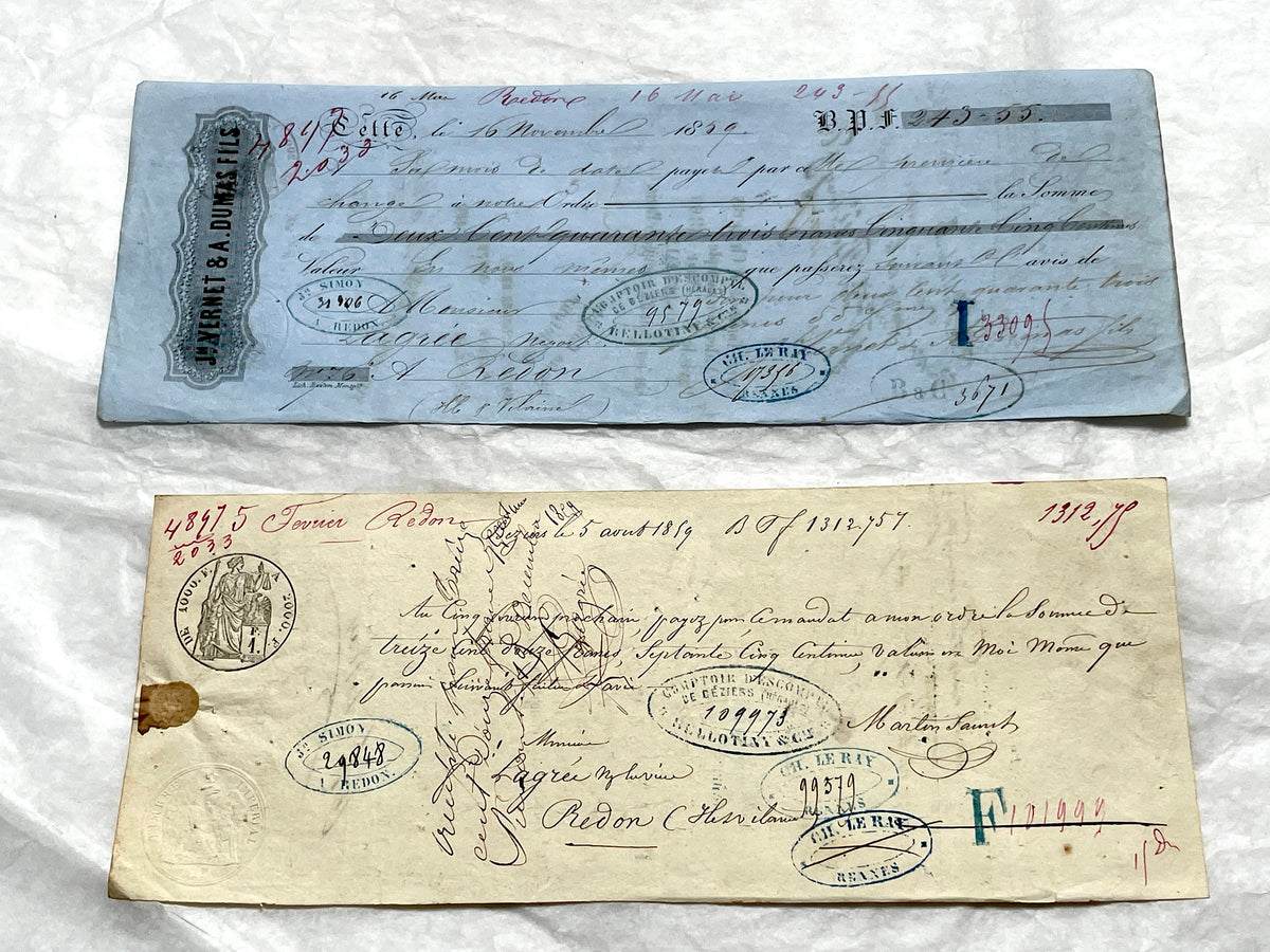 Set of 6 Mid 19th Century French exchange letters with handwritten text, stamps, and engraved merchant letterheads.