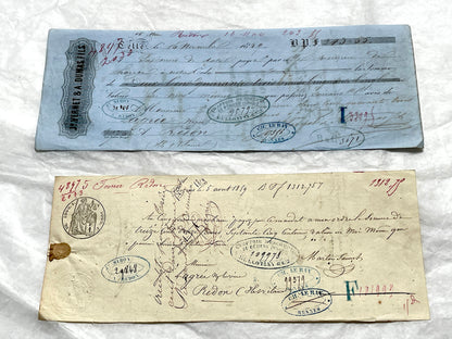 Set of 6 Mid 19th Century French exchange letters with handwritten text, stamps, and engraved merchant letterheads.