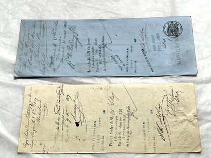Set of 6 Mid 19th Century French exchange letters with handwritten text, stamps, and engraved merchant letterheads.