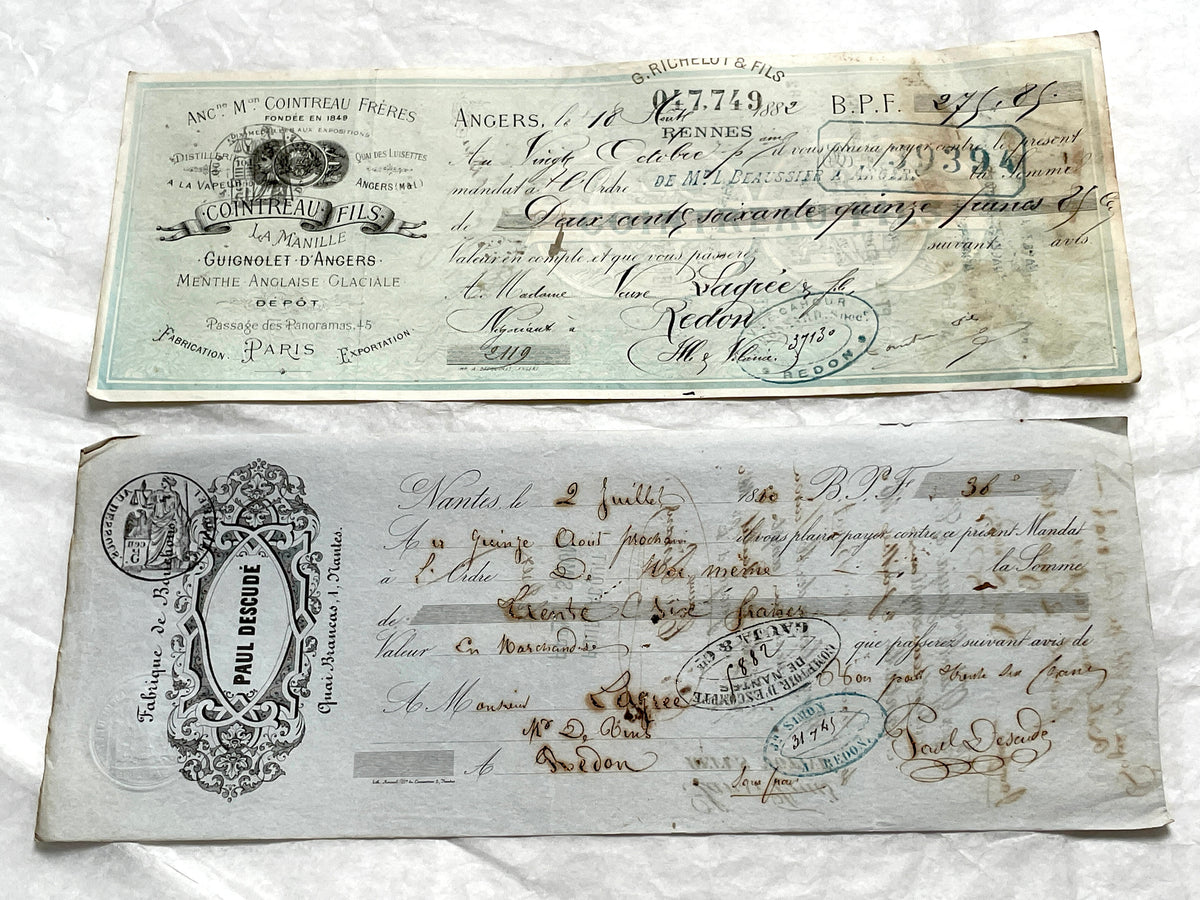 Set of 6 Mid 19th Century French exchange letters with handwritten text, stamps, and engraved merchant letterheads.