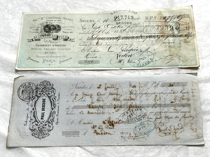 Set of 6 Mid 19th Century French exchange letters with handwritten text, stamps, and engraved merchant letterheads.