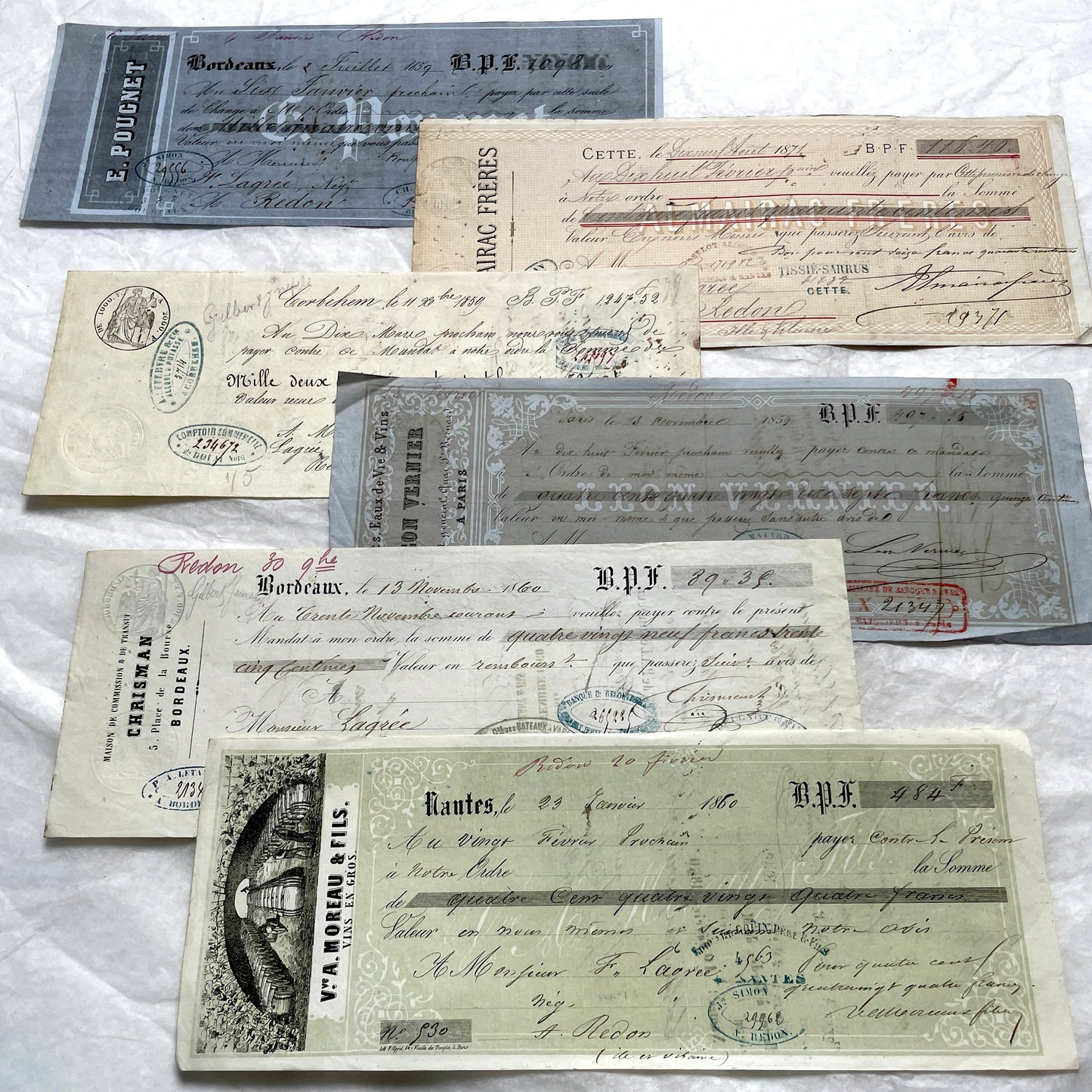 Late 19th Century French exchange letters, a set of 6 vintage financial documents with handwritten details and stamps.