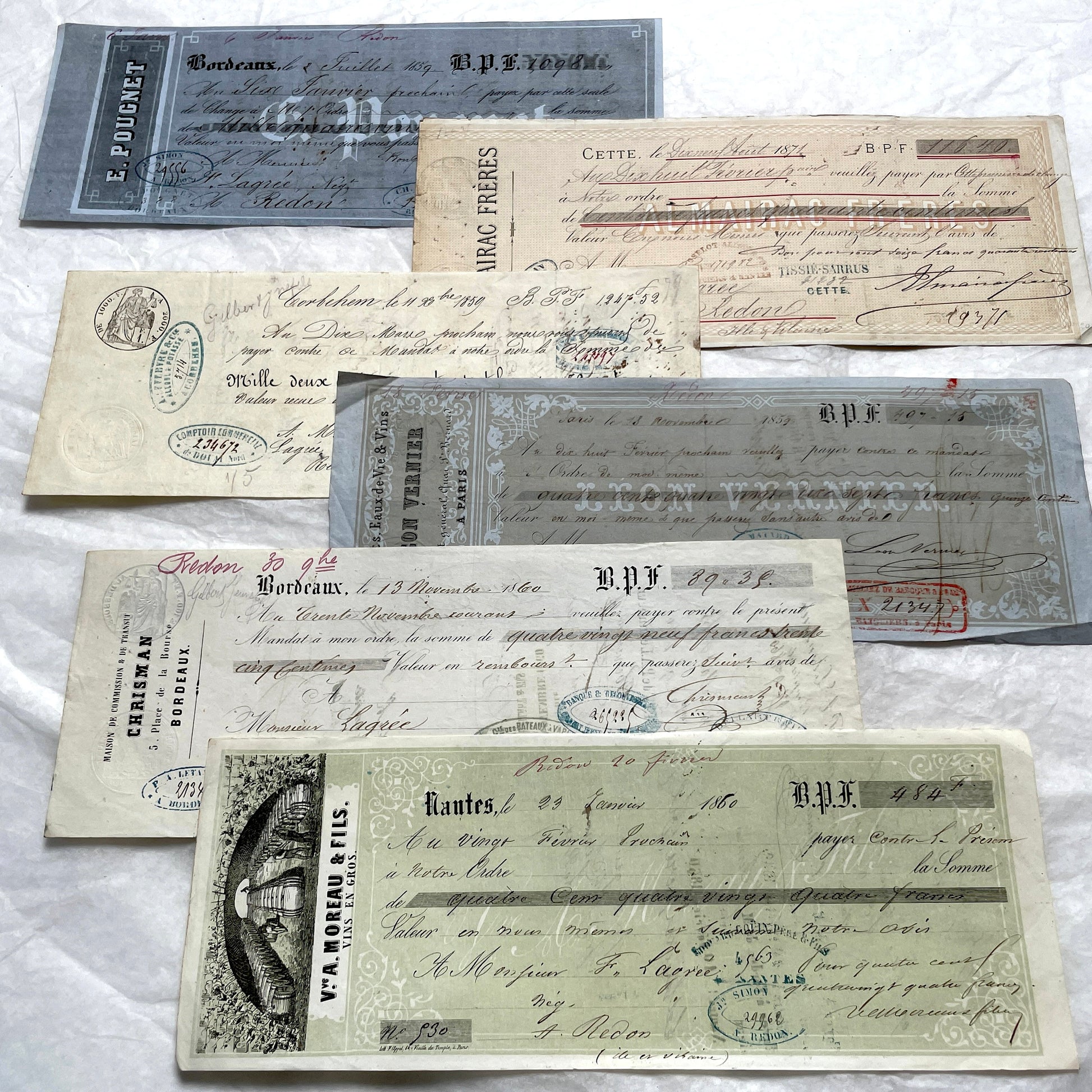 Late 19th Century French exchange letters, a set of 6 vintage financial documents with handwritten details and stamps.