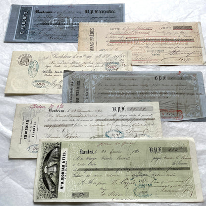 Late 19th Century French exchange letters, a set of 6 vintage financial documents with handwritten details and stamps.