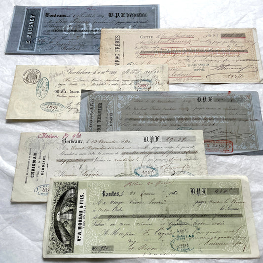 Late 19th Century French exchange letters, a set of 6 vintage financial documents with handwritten details and stamps.