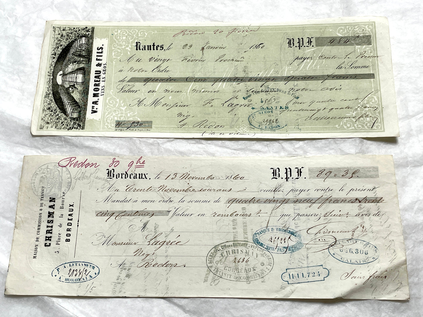 Late 19th Century French exchange letters, a set of 6 vintage financial documents with handwritten details and stamps.