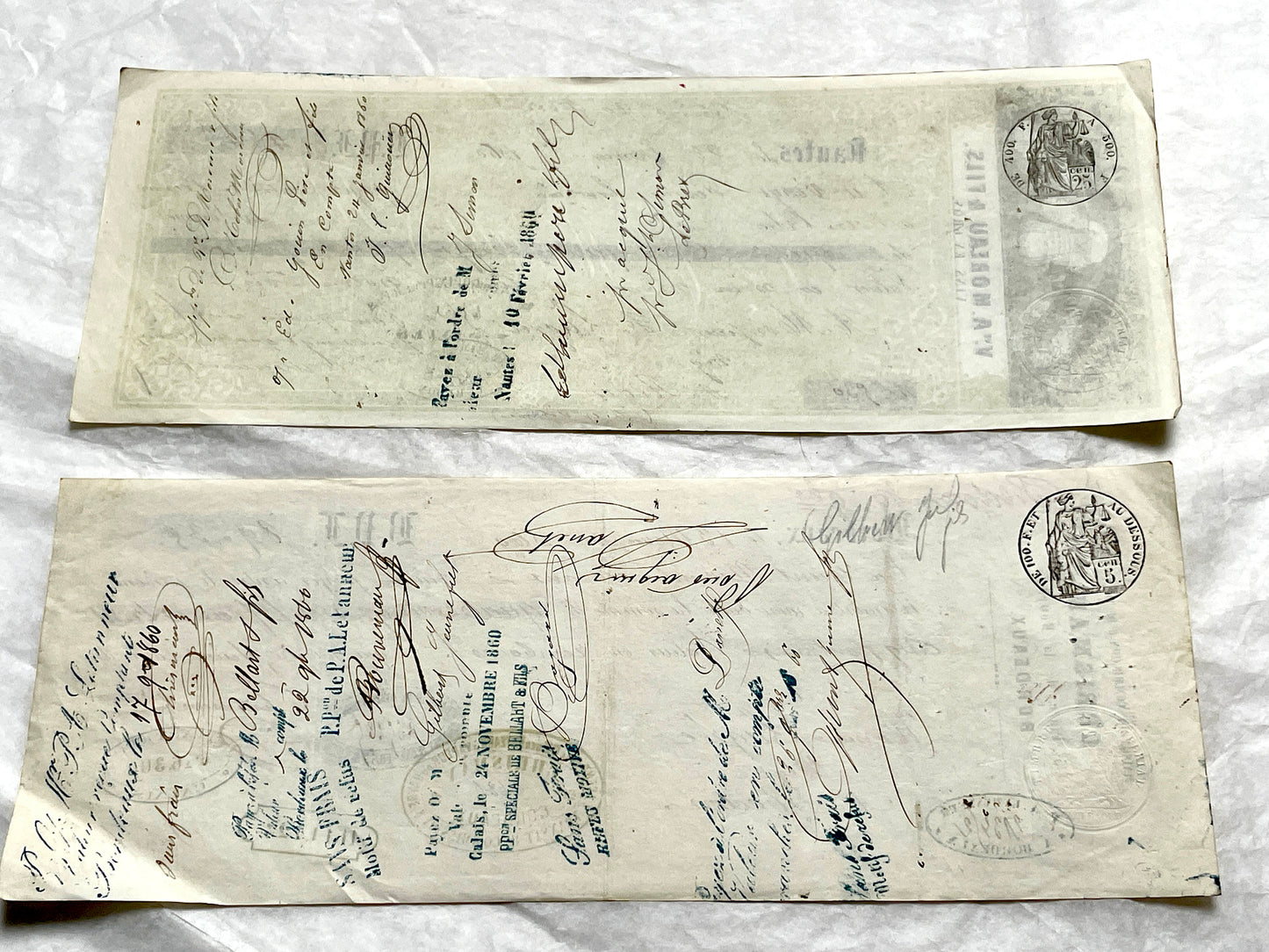 Late 19th Century French exchange letters, a set of 6 vintage financial documents with handwritten details and stamps.